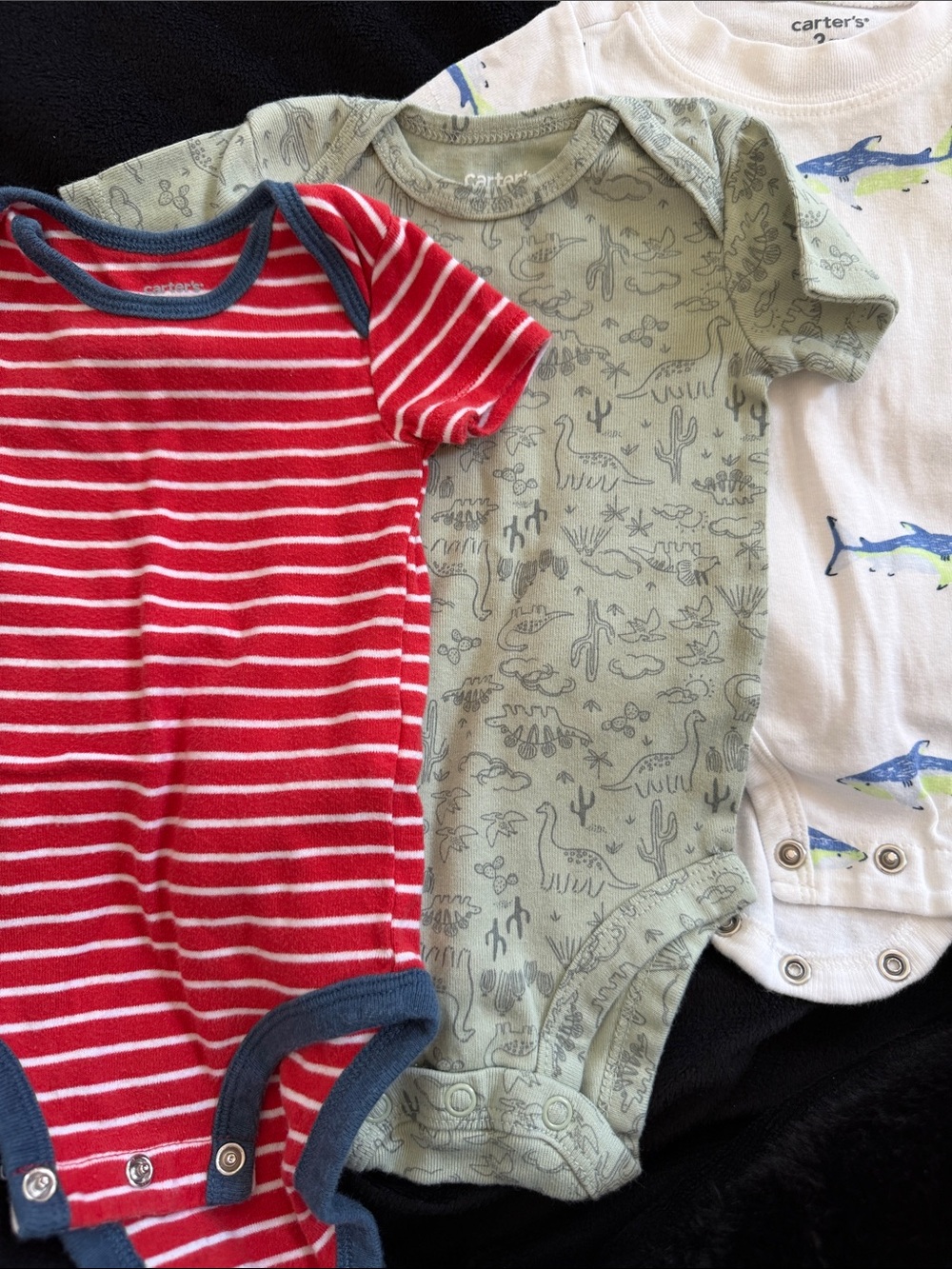 Carter's Red Stripe, Sage Dino & White Shark Bodysuits